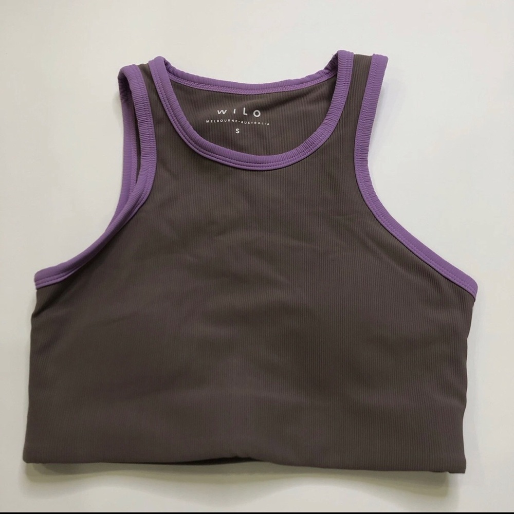 Wilo The Label Ribbed Racerback Sports Bra Brown With Purple Trim Size Small
